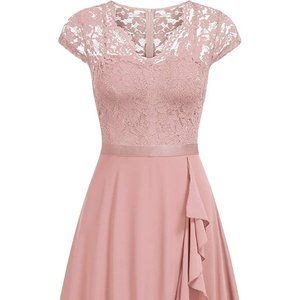 Miusol Women's V Neck Elegant Lace Ruffle Bridesmaid Maxi Dress- Pink Large